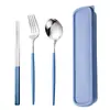 Aço Inoxidável Estilo Coreano Portátil Talheres Estudante Colher, Garfo e Hashi Conjunto de Três Peças Caixa de Armazenamento para Exterior Conjunto de Presente Atacado