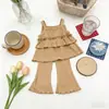 Conjunto de Roupa de Verão para Meninas 2026 Novo Estilo Alças de Bolo Franzidas Calça Cropped Flare de Seda Gelada para Meninas