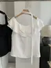 Camisa Sem Manga Lisa com Babados de Camada Dupla Kekezoon para Mulheres, Estilo Suave de Verão com Top de Fita 7532