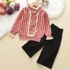 Conjunto de Suéter Novo para Meninas Outono e Inverno Novo Comércio Exterior Novo Cardigã com Gola Franzida Pied-de-Poule + Calça de Malha Wide Leg