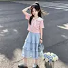 2026 Estilo Coreano Dulce Estilo Universitario Cuello Marino Camiseta de Manga Corta Verano Nuevo Lindo Falda de Encaje Conjunto de Dos Piezas