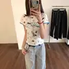 Camiseta Colorblock Feminina Manga Curta Gola Redonda Estilo Americano Picante Verão Coreano Estampa Completa Cachorrinho Pequeno Top Curto Emagrecedor Tendência