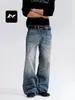 Jeans azules de pierna recta estilo americano Fengmei, unisex, lavados y desgastados, vintage, con efecto ojo de gato tridimensional, corte holgado, pierna ancha, pantalones casuales