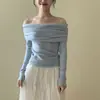 Top de punto de alta gama estilo francés con hombros descubiertos y manga larga para mujer, Otoño, Ajuste ceñido, Versátil, Prenda básica