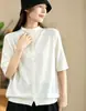 Novedad de Principios de Otoño 2026: Camiseta de Punto para Mujer con Cuello Medio Alto, Top Holgado de Color Sólido con Botones, Manga Media Versátil Capa Base MHT