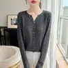 Cardigan de Tricô Gola V com Fio Floral Novo Outono/Inverno 2026 Manga Longa Feminino Base Torcida Canelada Camisa Top