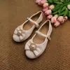 Sapatos Mary Jane femininos com laço e enfeites de pérola, cor damasco, de tira única, bico redondo, sola plana, disponíveis em tamanhos maiores para mercados internacionais