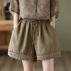 Shorts de Algodão e Linho Transfronteiriços Femininos de Verão Finos Vintage Renda Vazada com Soltos Versátil Largo Tendência Calças Casuais