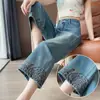 Jeans Retrô Bordado Estilo Nacional Tamanho Grande Perna Larga para Mulheres Verão 2026 Jeans Denim Fino Solto Calça Reta A10514