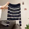Fábrica de Suéteres Fuente Dalan cárdigan base de punto a rayas de hombros descubiertos para mujer otoño top ajustado de hombros descubiertos
