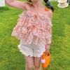 Conjunto de Verano para Niñas de Dos Piezas Bebé Elegante Infantil Moderno Coreano Floral Pastel Tirantes Encaje Shorts