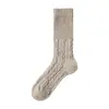 Nuevos Calcetines de Algodón Pesado 2025 para Mujer, Otoño e Invierno, Tejido de Cable Tridimensional, Empalme de Canalé, Calcetines Gruesos de Color Sólido hasta la Mitad de la Pantorrilla para Mujer