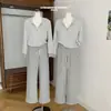 Pantalones Casuales Rectos con Cordón en Contraste Blanco-Gris de 50 Sombras de Grey para Mujer, Pantalones Deportivos de Pierna Ancha para Primavera y Otoño, Estilo Tejido Recto Floral Gris