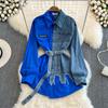 Transfronterizo Retro Estilo Hong Kong Elegante Cintura Ceñida con Cinturón Camisa de Mezclilla a Juego de Color Primavera Nuevo Chi Casual Top Largo
