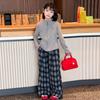 Pantalones de cuadros de pierna ancha estilo coreano para niñas Conjunto de otoño Conjunto moderno para niños mayores Primavera y Otoño Nuevo Conjunto Deportivo de Dos Piezas