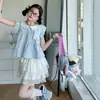 Conjunto de Falda Dulce Abullonada Estilo Francés para Niñas, Camisa de Verano con Mangas Acampanadas y Cuello Peter Pan, Conjunto de Dos Piezas con Falda Corta de Princesa