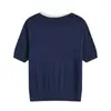 Polo de Punto Azul Marino Estilo Tweed de Manga Corta para Mujer, Lujo Accesible de Alta Gama, Moda Francesa Elegante, Top Holgado con Efecto Adelgazante