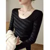 Top básico de cuello cuadrado color café para mujer, nueva moda otoño e invierno, hombro normal, corte ajustado, camiseta de manga larga A14958