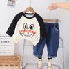 Camisa infantil casual de manga comprida para primavera 2024 Primavera e Outono nova infantil cartoon combinação de cores gola redonda listrada jeans de bebê