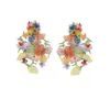 Brincos de Tarraxa Tecidos Coloridos com Franjas de Flores, Personalidade, Contas Pesadas em Acrílico, Florais Exagerados