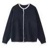 Cárdigan de Punto con Cuello Redondo de Botón Único de Color Azul Oscuro Contrastante, Falso Dos Piezas, Suéter Abrigo Suave y Esponjoso, Holgado Estilo Retro Japonés para Hombres y Mujeres
