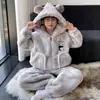 Pijama infantil de otoño e invierno, cárdigan con capucha de forro polar coral para niños, diseño de dibujos animados, elegante de manga larga y pantalón largo, ropa de estar de franela