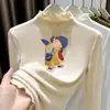 Top de capa base de terciopelo alemán de doble cara para usar en otoño e invierno, con cuello semialto fruncido, mangas largas para niñas, camiseta cepillada cálida y versátil