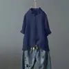 Camisa de Algodón y Lino para Mujer, Nuevo Estilo de Verano con Toque Artístico, Cárdigan de Manga Media Fruncido, Top de Botones, Camisa Fina de Color Sólido