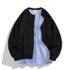 Cardigan de Nuevo Estilo Primavera y Otoño Sudadera de Cuello Redondo Moda Holgada Casual Top con Bloques de Color Sudadera Camisa Falsa de Dos Piezas para Hombre