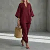 2026 Moda Transfronteriza Europea y Americana Primavera/Verano Conjunto de Top Casual con Cuello en V y Manga Tres Cuartos para Mujer y Pantalones Jogger de Corte Holgado