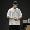Superventas Camiseta de Manga Corta Estilo Americano Pesado Moda Retro Cuello Pequeño Parche de Canalé Hombre Gruesa Tendencia