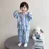 Conjunto de Pijama de Dibujos Animados para Niños, Algodón Hilo Doble, Estilo Nuevo, Cárdigan de Primavera Ultraman con Rayas Verticales para Niños, Ropa de Casa de Manga Larga