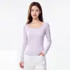 Ombro reto gola quadrada caimento justo fina camada base cor lisa outono roupa camiseta manga longa feminina nova versátil quente camisa de camada base