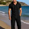Verão 2026 Transfronteiriço Amazon Terno Casual Esportivo Masculino com Capuz Camisa Plissada de Manga Curta Calça Solta