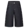 Pantalones Vaqueros Cropped Originales Estilo Americano con Bloques de Color Laterales y Decoraciones de Pedrería y Remaches, Corte Holgado, Adecuados para Hombres y Mujeres
