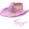 Chapéu de Cowboy Colorido Irlandês com Luz e Aba Larga Chapéu de Estilo Composto com Óculos Conjunto Óculos Conjunto Cowboy