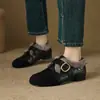 Versão em Couro ~ Sapatos Mary Jane Forrados com Lã Quentes para Outono e Inverno Sapatos de Pelo para Mulheres Novos Sapatos Birkenstock Sapatilhas Retro de Bico Redondo Sapatos de Algodão