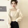 Suéter de tricô quadrado com decote quadrado, estilo casual e suave para mulheres, novo modelo de inverno 2026, mangas bufantes, top versátil para usar como base