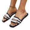 Nuevas Sandalias Planas con Cadena de Pedrería Estilo Comercio Exterior para Mujer, Chanclas de Exterior Cuadradas Color Block Blanco y Negro Wish
