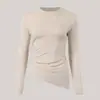 Top de Yoga para Chicas Latte Cuello Redondo Blusa con Abertura Top Deportivo Ajustado Plisado Ropa de Yoga de Manga Larga para Mujer