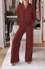 Colección Otoño/Invierno 2026 de Amazon transfronterizo: Conjunto casual de color liso, holgado, con pantalones de pierna ancha y manga larga, cuello en V, adelgazante y cómodo para usar en casa