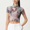 CANVAUS Camiseta Feminina Manga Curta Estilo Chinês Tie-Dye Tinta Gola Alta Pequena Slim Fit Malha Fina Transparente para Verão