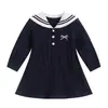 Vestido de Tricô para Meninas 100% Algodão Puro Gola Azul Marinho Estilo Primavera/Outono Para Fotos Roupa Externa Manga Longa Estilo Escolar Vestido de Princesa