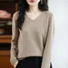 Suéter de Punto de Lana 100% Sin Costuras de una Pieza para Mujer Cuello en V Otoño e Invierno Nuevo Simple y Versátil Ropa Interior de Punto