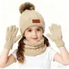 Conjunto de gorro, bufanda y guantes de punto para niños, conjunto cálido de otoño e invierno con gorro de orejeras y pompón, calentador de cuello con forro polar para niñas y bebés