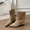 Botas Medievales Retro Francesas de Tacón Grueso hasta Media Pantorrilla para Mujer Otoño/Invierno 2026 Punta Fina Botas Fruncidas Botas Cortas Adelgazantes