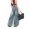 Jeans Retro Americanos con Hoz Agrietada para Mujer, Tendencia Otoño 2025 Nuevos Pantalones Anchos Rectos Holgados con Hoz