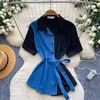 Camisa Jeans Patchwork Estilo Coreano Respirável e Amiga da Pele, Cintura Marcada, para Mulheres, Estilo Maduro, Amarrar, Emagrecedora, Petite, Top Versátil