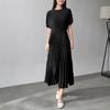 Vestido de Gasa Crepé Plisado Francés para Mujer Verano Nuevo Cintura de Alta Gama Color Puro Elegante Falda Plisada de Manga Corta