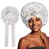 Directo de fábrica gorro de noche de ala ancha con cola larga de cinta de colores gorro para el cuidado del cabello de belleza de imitación de seda gorro de ducha gorro redondo grande con ala elástica